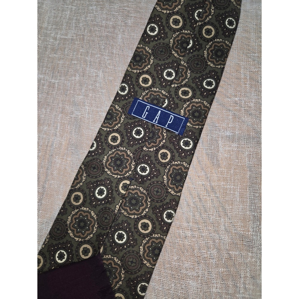 Gap Mens Silk Necktie Olive Green Brown Medallion Geometric Pattern Made in USA - Picture 6 of 6